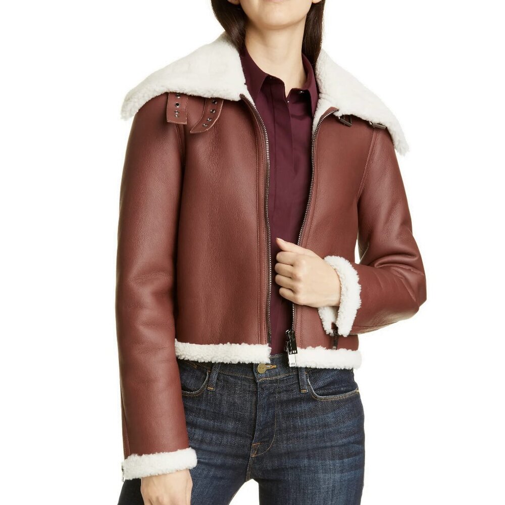 NWT Theory Genuine Shearling Cozy Moto Jacket, Large, Two-way Front Zip